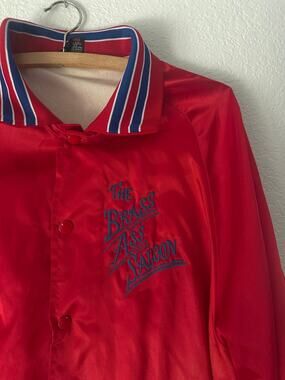 Vintage 1980s Brass Ass Saloon Red Satin Coach Jacket Chain Stitch Bomber XL